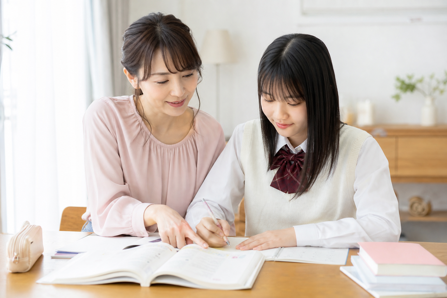 自宅で高校受験の勉強に取り組む中学生と見守る母親